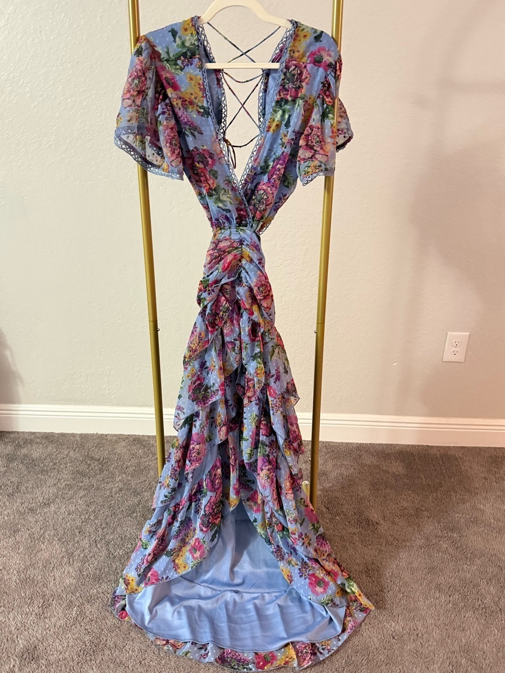 NWT Boohoo Petite Floral Dobby Mesh Cut Out Maxi Dress Blue US 10 - Picture 5 of 10